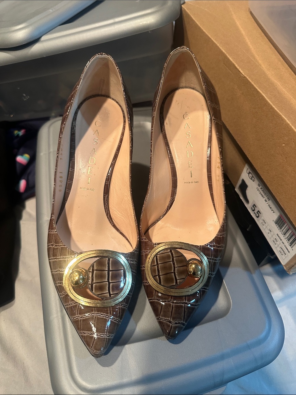 Casadei Brown Croc-Embossed Pointed Toe Pumps with Gold Buckle